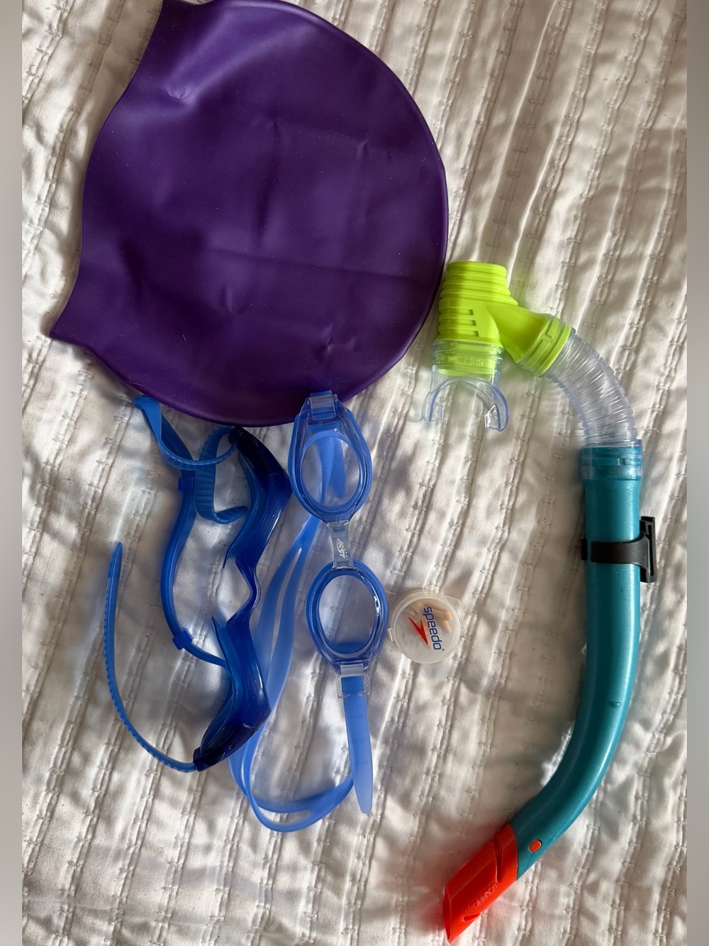 Speedo Purple Swim Cap with Blue Goggles and Teal Snorkel